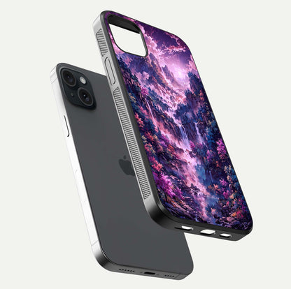Mystic Cascade Peaks Glass Case for iPhone 15 Plus floating dual-view mockup showing gloss texture and depth