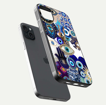 Mystic Charm Eye Glass Case for iPhone 15 Plus floating dual-view mockup showing gloss glow and charm symbol