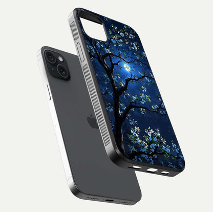 Mystic Floral Night Glass Case for iPhone 15 Plus floating dual-view mockup displaying shine and rich color depth