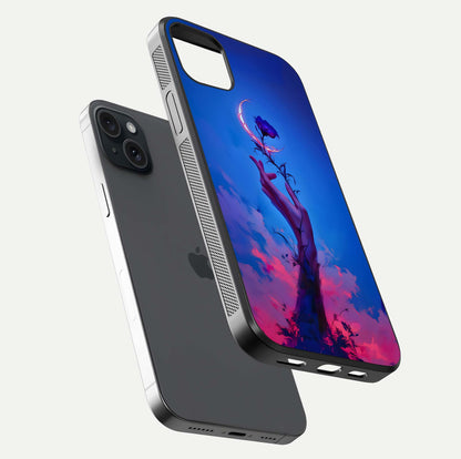 Mystic Hand Glass Case for iPhone 15 Plus floating dual-view mockup showing HD shine and fine palm detail