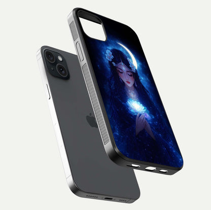 Mystic Moon Queen Glass Case for iPhone 15 Plus floating dual-view mockup showing HD gloss and cosmic glow