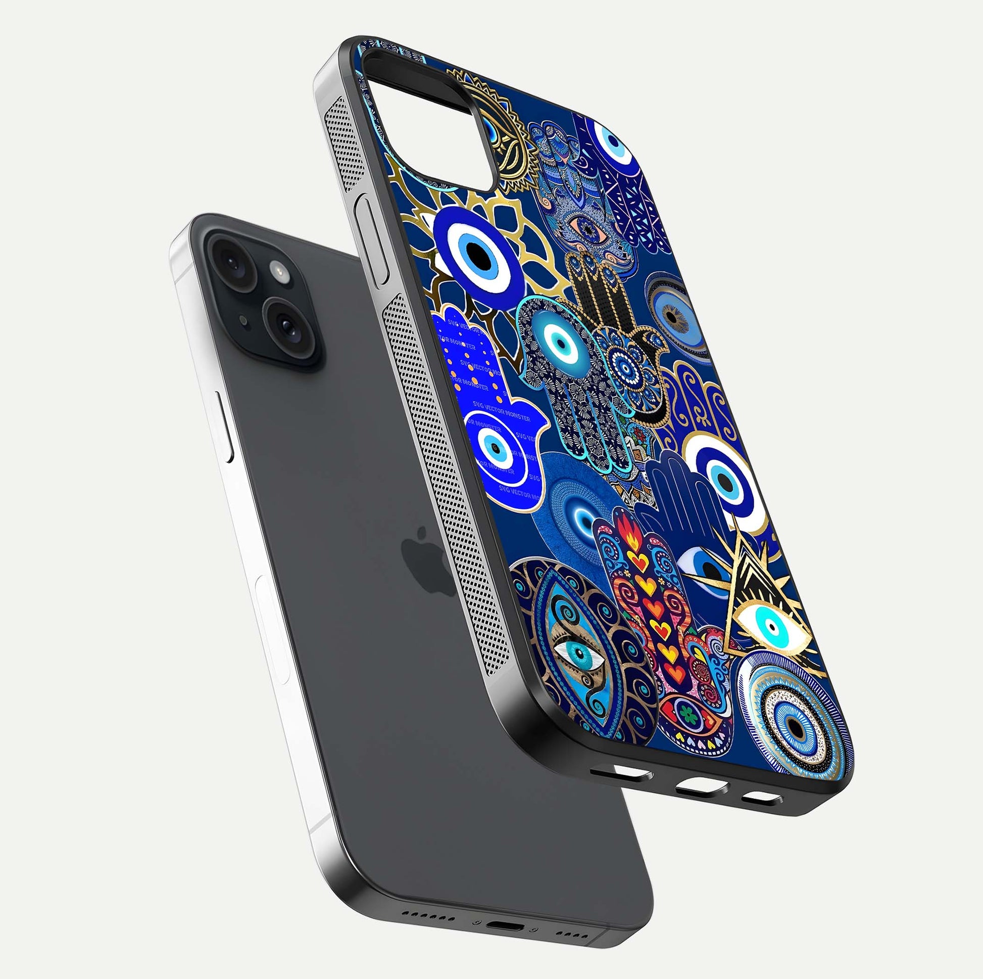 Mystic Palm Guard Glass Case for iPhone 15 Plus floating dual-view mockup showing HD reflection and vivid tone