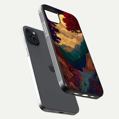 Mystic Valley Light Glass Case for iPhone 15 Plus floating dual-view mockup showing HD gloss and light blend