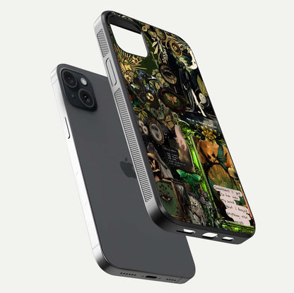 Mystic Woods Secret Glass Case for iPhone 15 Plus floating dual-view mockup showing HD shine and depth