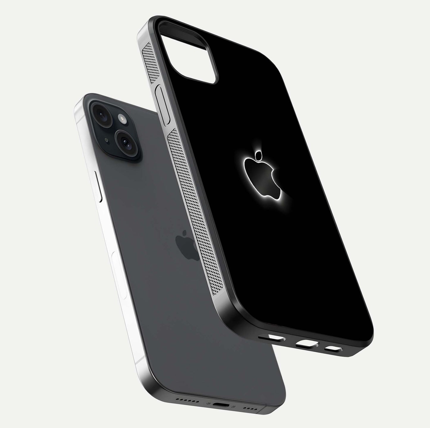 Neon Apple Glow Glass Case for iPhone 15 Plus floating dual-view mockup showing HD shine and modern look