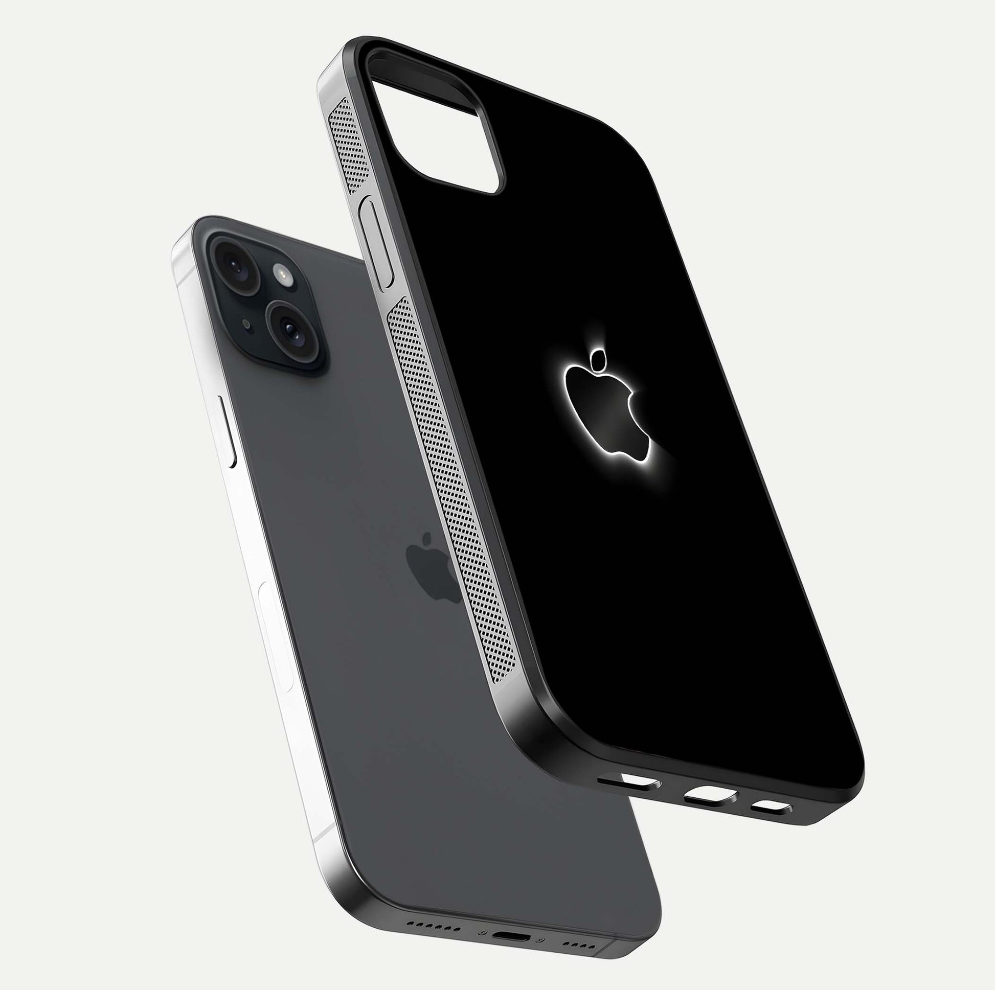 Neon Apple Glow Glass Case for iPhone 15 Plus floating dual-view mockup showing HD shine and modern look