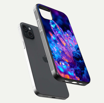 Neon Aura Shards Glass Case for iPhone 15 Plus floating dual-view mockup showing HD shine and shard texture