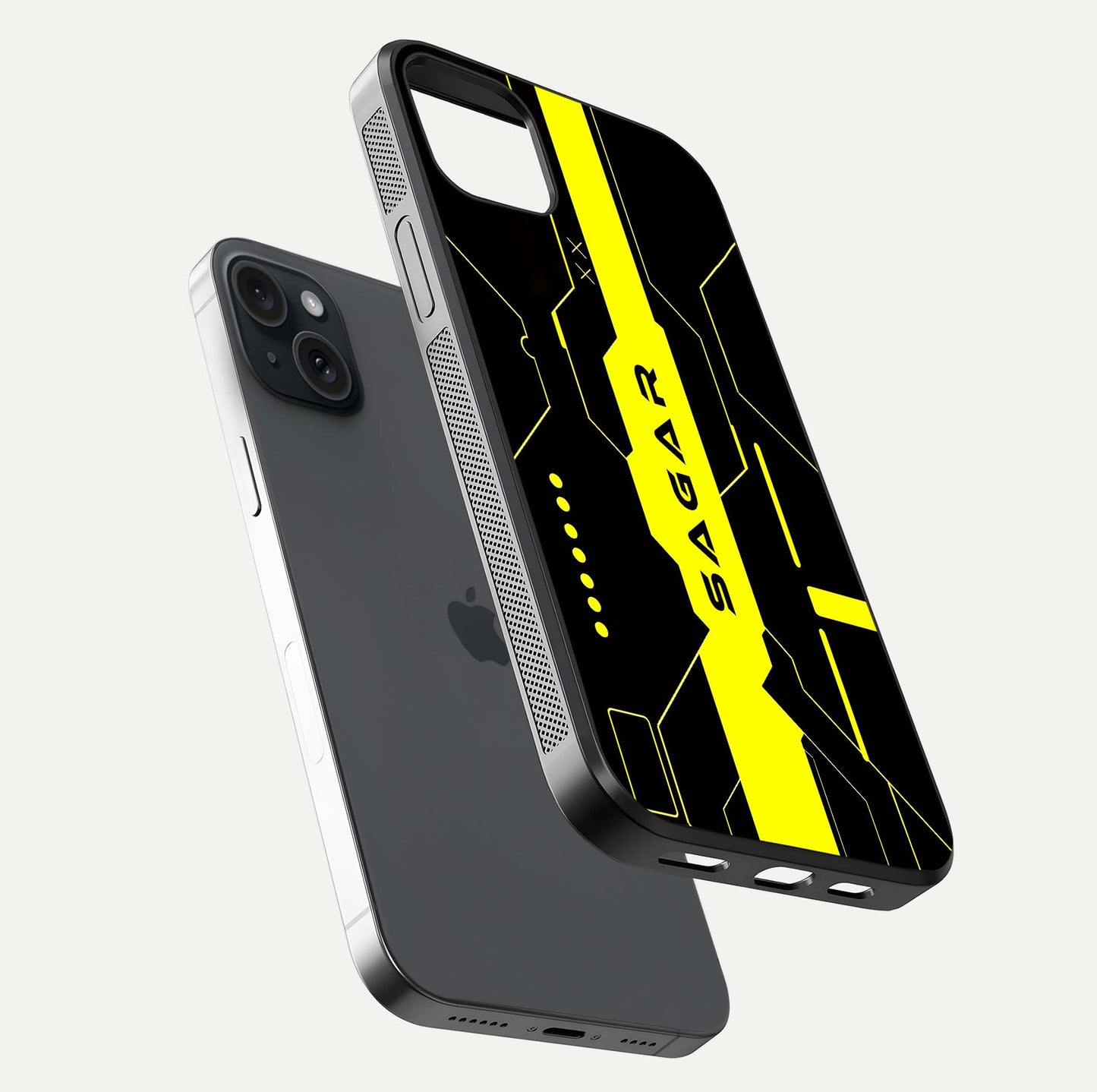 Neon CYBERPUNK Custom Name Glass Case for iPhone 15 Plus floating dual-view mockup showing HD shine and neon lines