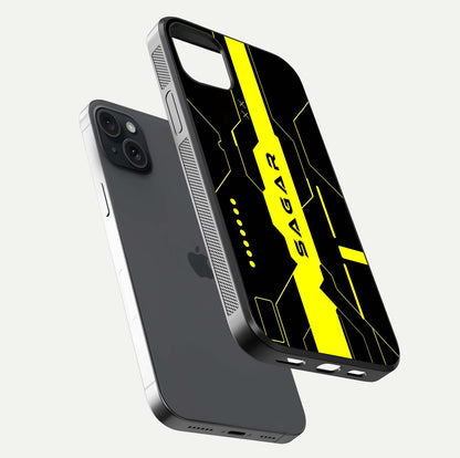 Neon CYBERPUNK Custom Name Glass Case for iPhone 15 Plus floating dual-view mockup showing HD shine and neon lines
