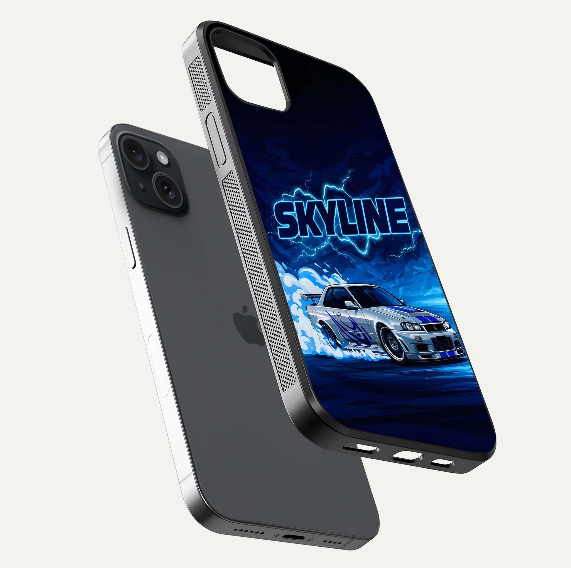 Neon Drift Beast Glass Case for iPhone 15 Plus floating dual-view mockup showing gloss texture and motion glow
