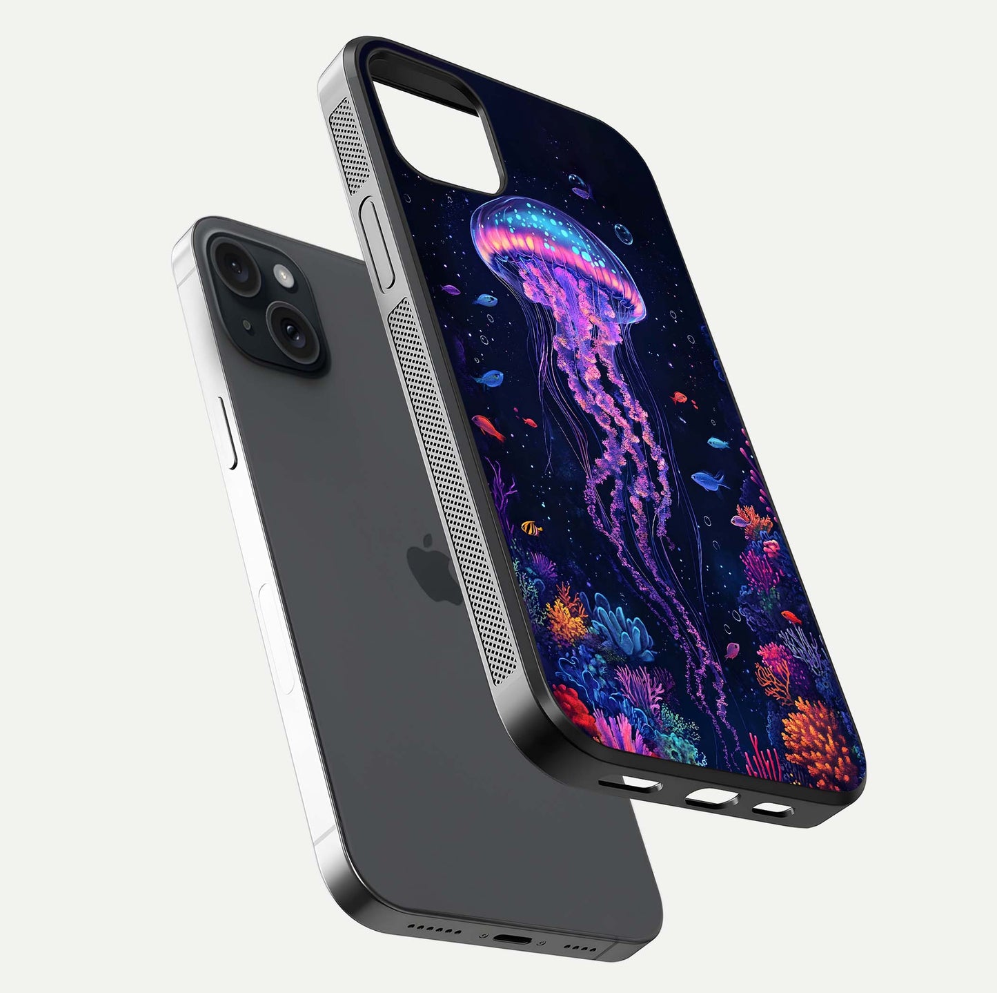 Neon Jellyfish Glass Case for iPhone 15 Plus floating dual-view mockup showing gloss texture and underwater glow