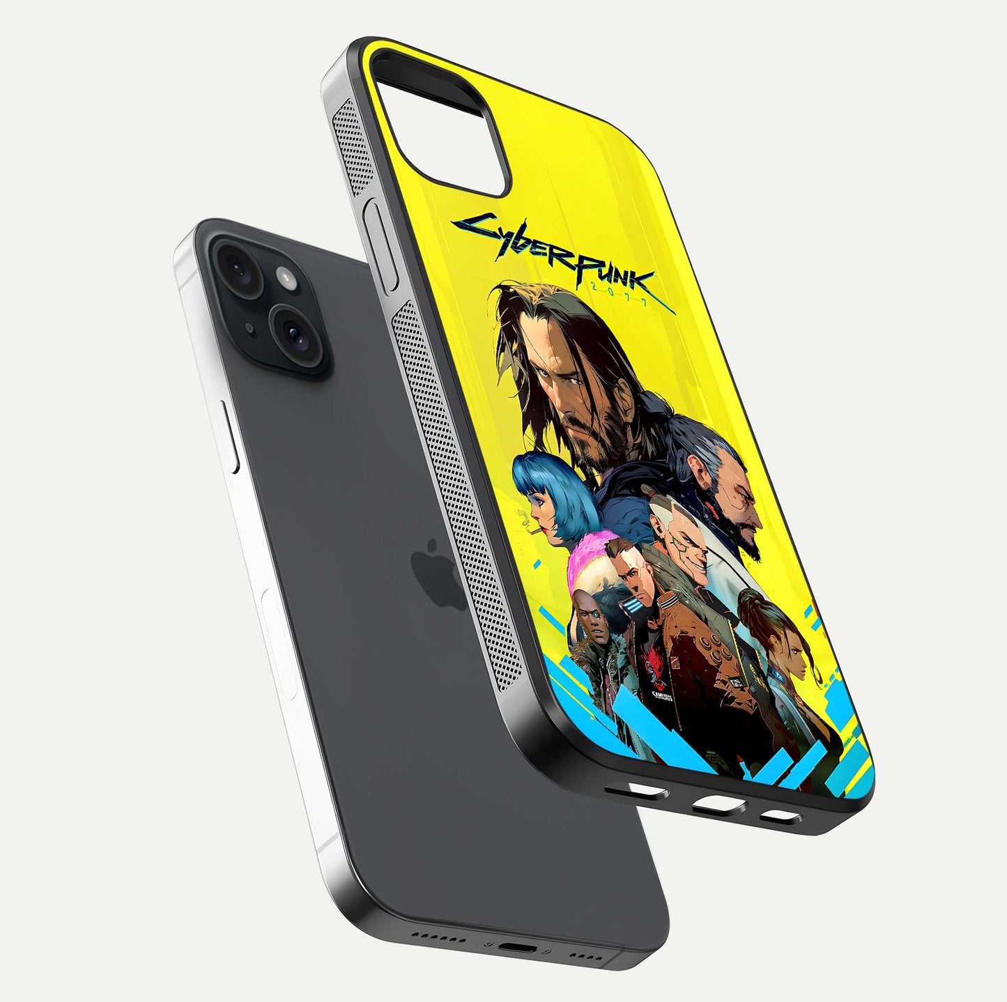 Neon Rebel Genesis Glass Case for iPhone 15 Plus floating dual-view mockup showing electric glow and depth
