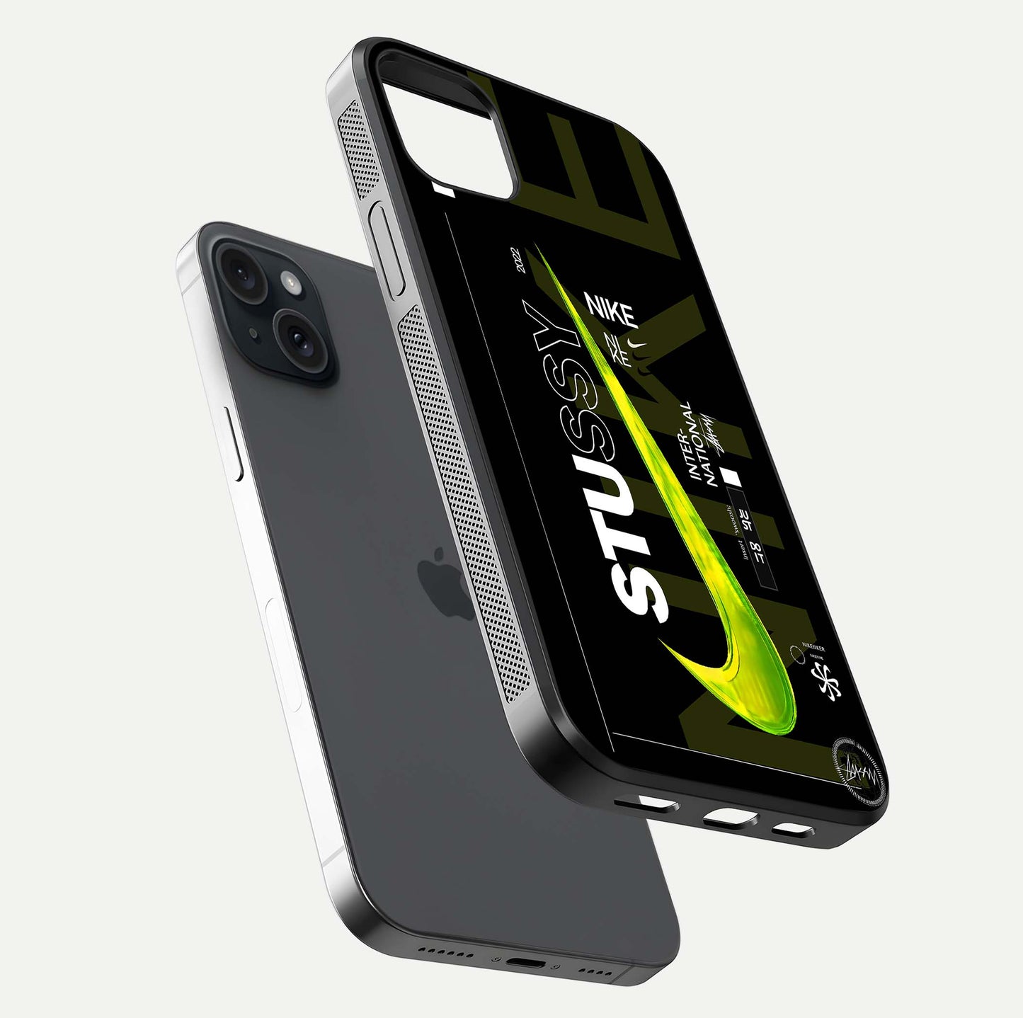 Neon Street Edition Glass Case for iPhone 15 Plus floating dual-view mockup showing HD gloss and neon glow