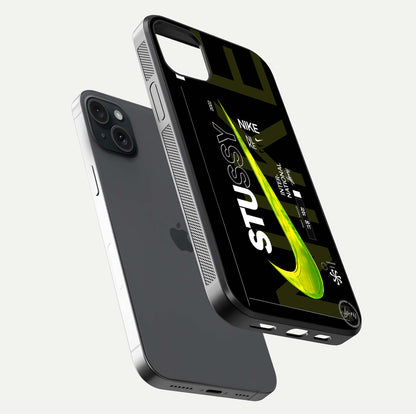 Neon Street Edition Glass Case for iPhone 15 Plus floating dual-view mockup showing HD gloss and neon glow