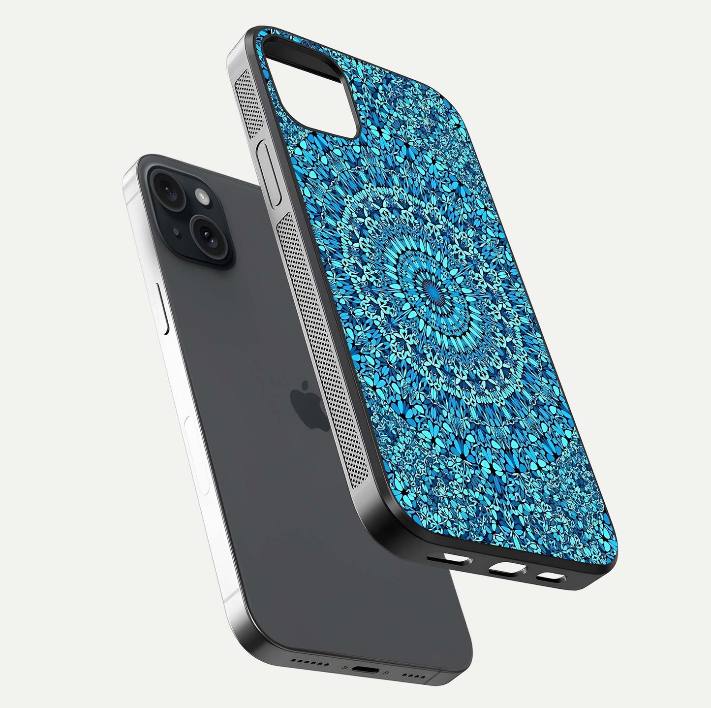 Ocean Bloom Mandala Glass Case for iPhone 15 Plus floating dual-view mockup showing gloss texture and print depth