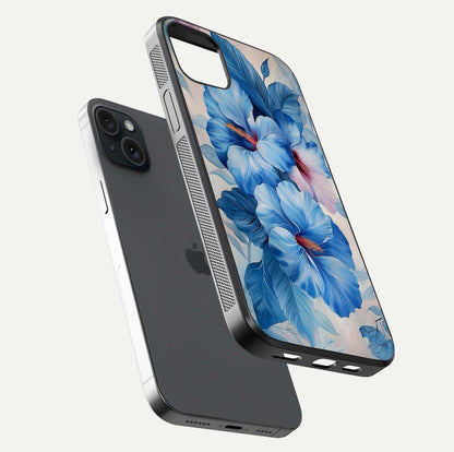 Ocean Hibiscus Grace Glass Case for iPhone 15 Plus floating dual-view mockup showing gloss reflection and print clarity