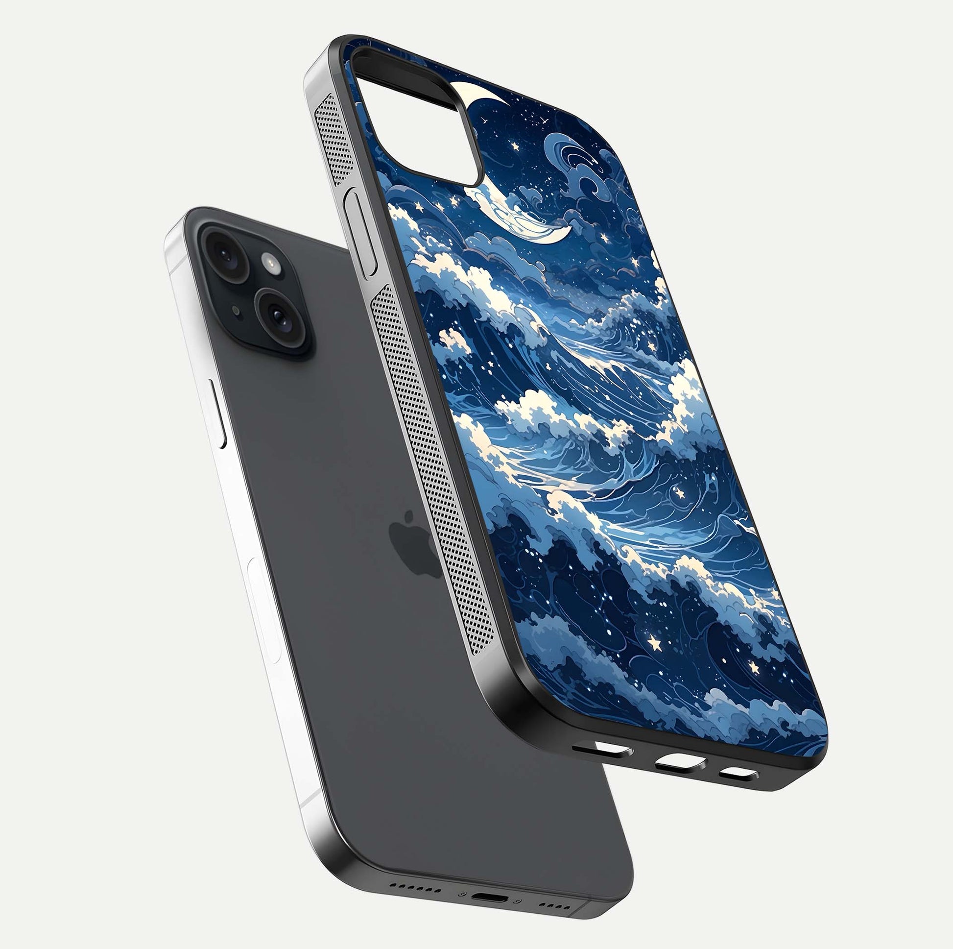 Ocean Moon Waves Glass Case for iPhone 15 Plus floating dual-view mockup showing gloss texture and moon glow