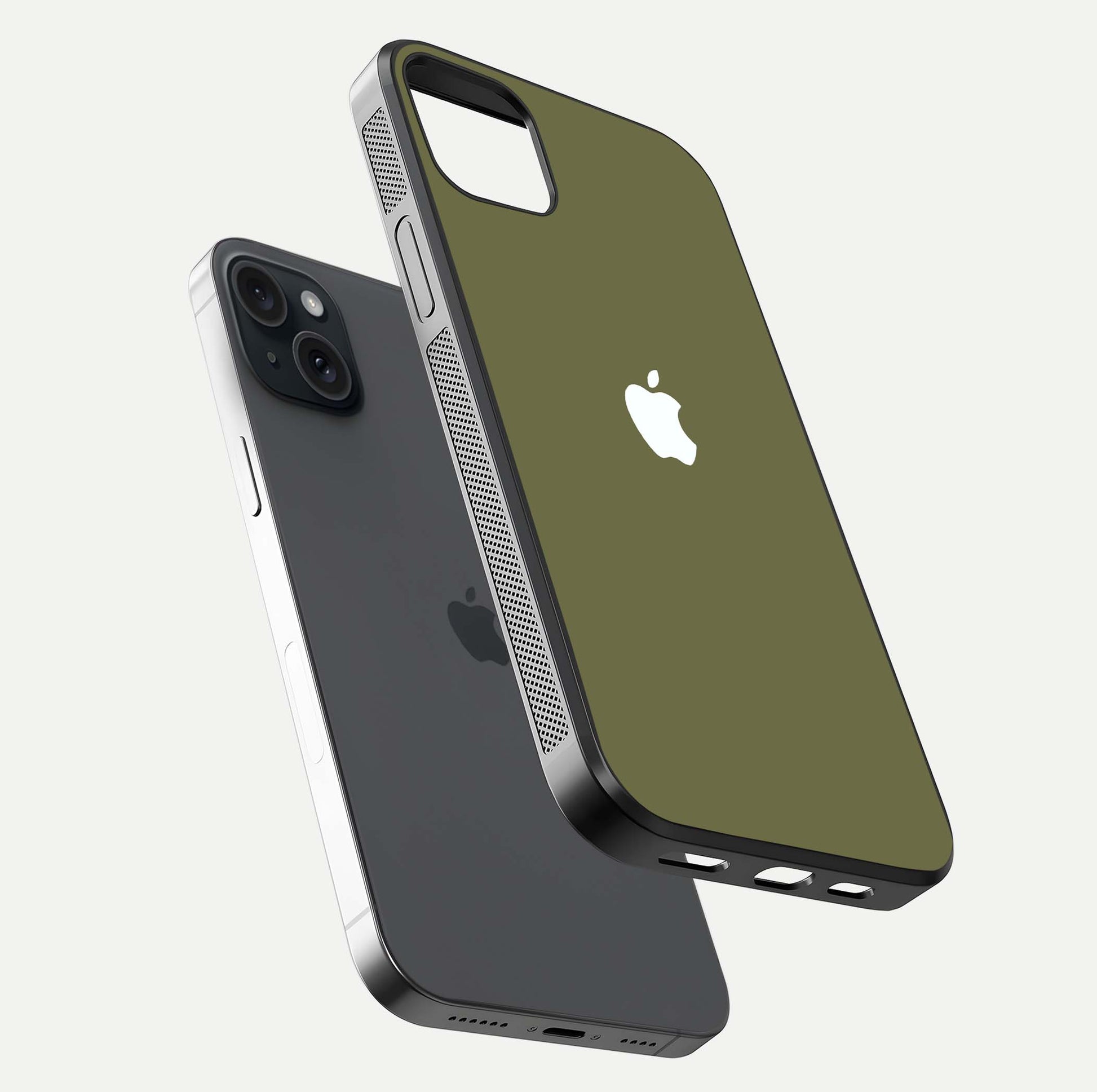 Olive Matte Essence Glass Case for iPhone 15 Plus floating dual-view mockup showing matte gloss and depth