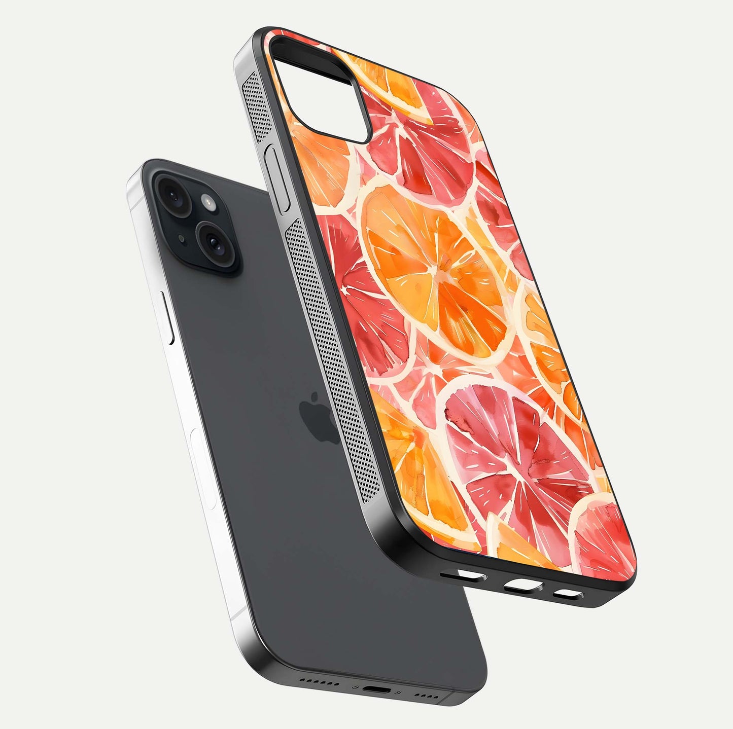 Orange Fruits Pattern Glass Case for iPhone 15 Plus floating dual-view mockup showing gloss reflection and HD tone
