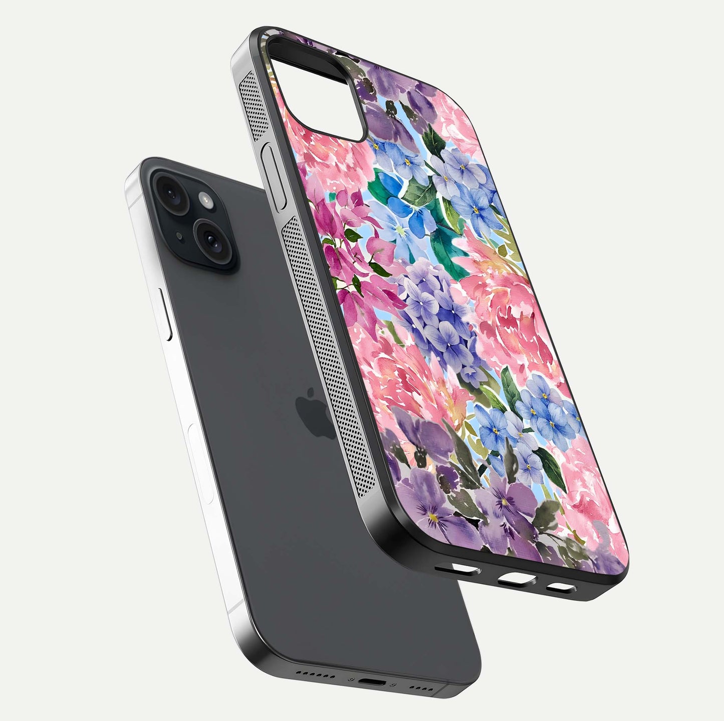 Pastel Floral Mix Glass Case for iPhone 15 Plus floating dual-view mockup showing HD gloss and floral texture