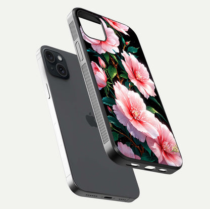 Peach Flower Glass Case for iPhone 15 Plus floating dual-view mockup displaying shine and delicate flower art