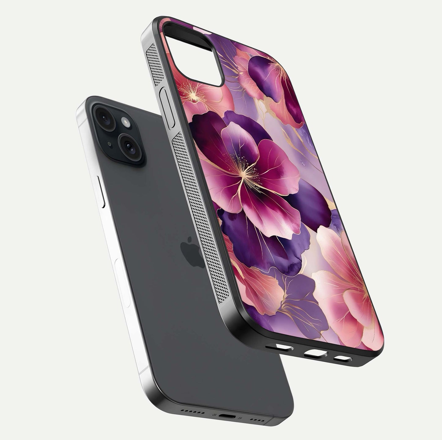 Pink Bouquet Florals Glass Case for iPhone 15 Plus floating dual-view mockup showing gloss surface and color depth