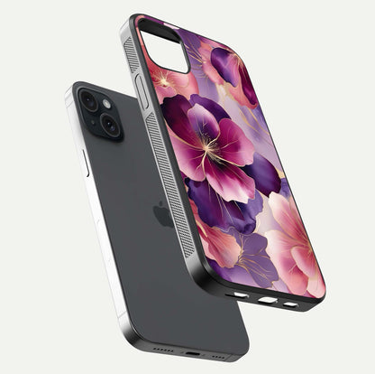 Pink Bouquet Florals Glass Case for iPhone 15 Plus floating dual-view mockup showing gloss surface and color depth