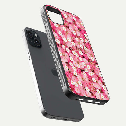 Pink Daisy Bliss Glass Case for iPhone 15 Plus floating dual-view mockup displaying gloss shine and pastel tones