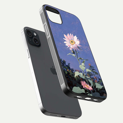 Pink Sunflower Glow Glass Case for iPhone 15 Plus floating dual-view mockup showing gloss reflection and design depth