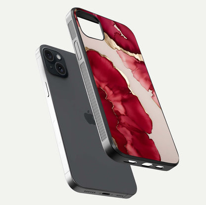 Pink & White Marble Glass Case for iPhone 15 Plus floating dual-view mockup showing HD gloss and subtle veins