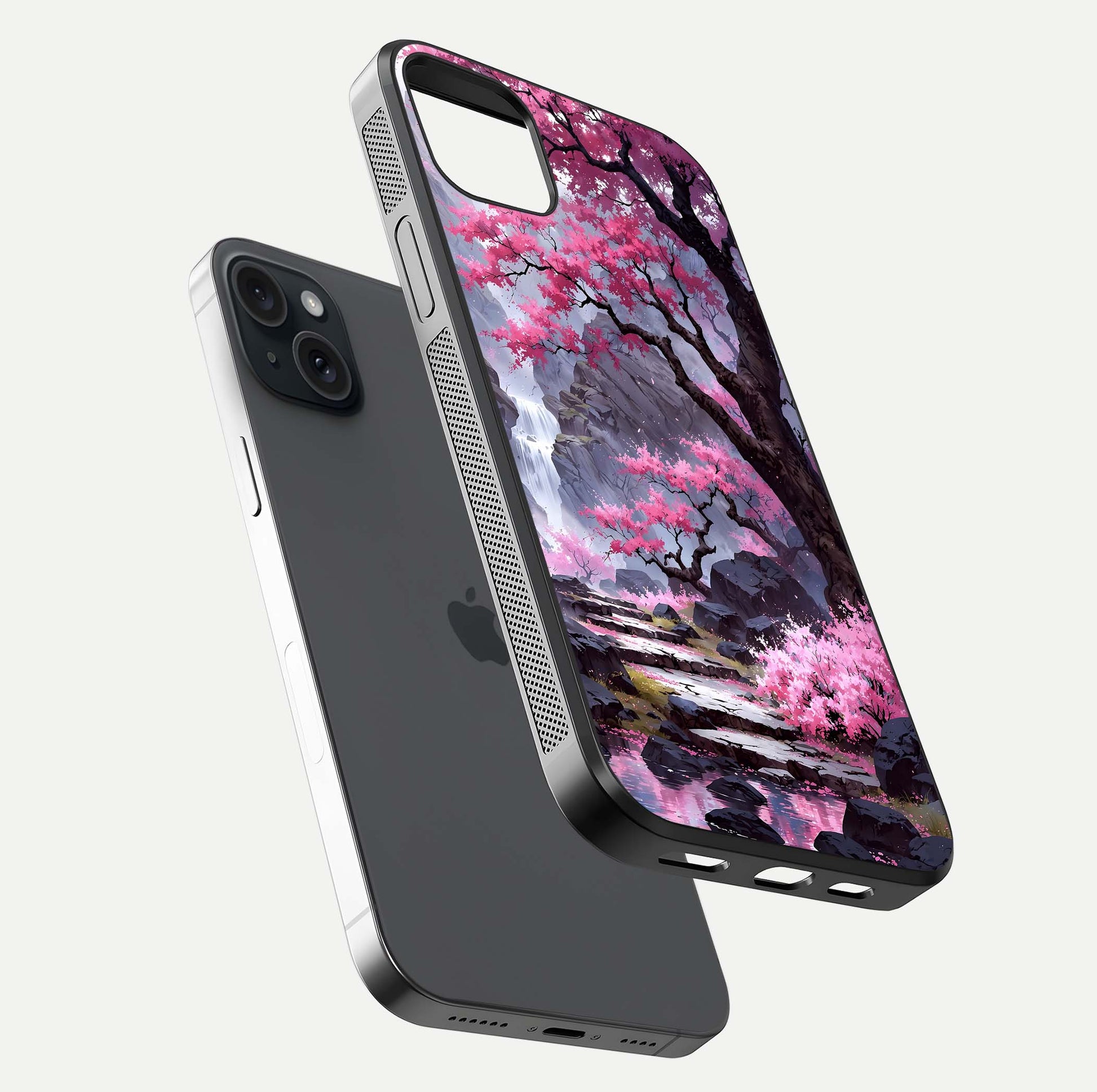 Pinkish Scenery Glass Case for iPhone 15 Plus floating dual-view mockup displaying gloss shine and artistic tone