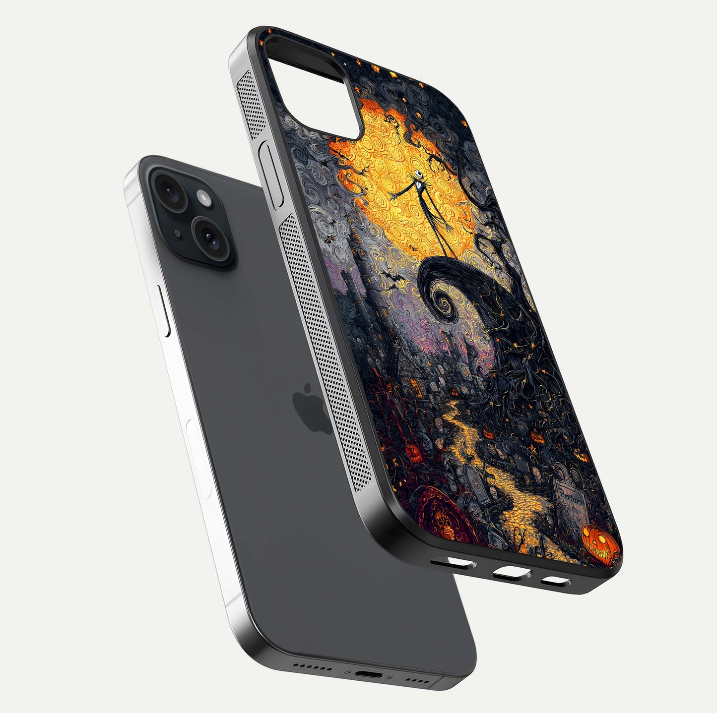 Pumpkin Moon Night Glass Case for iPhone 15 Plus floating dual-view mockup showing HD gloss and spooky detail
