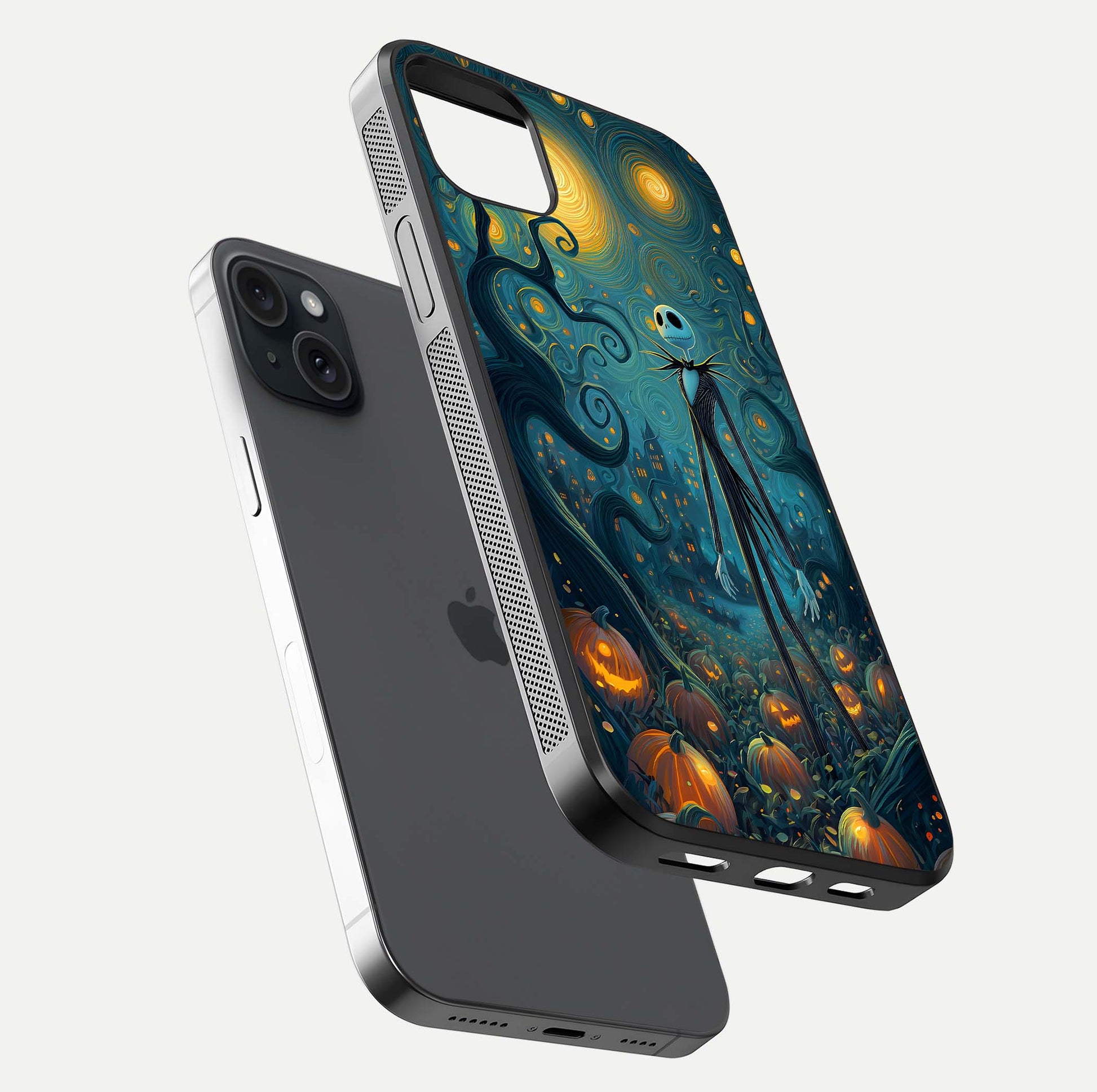 Pumpkin Moonlight Tale Glass Case for iPhone 15 Plus floating dual-view mockup showing HD gloss and eerie design