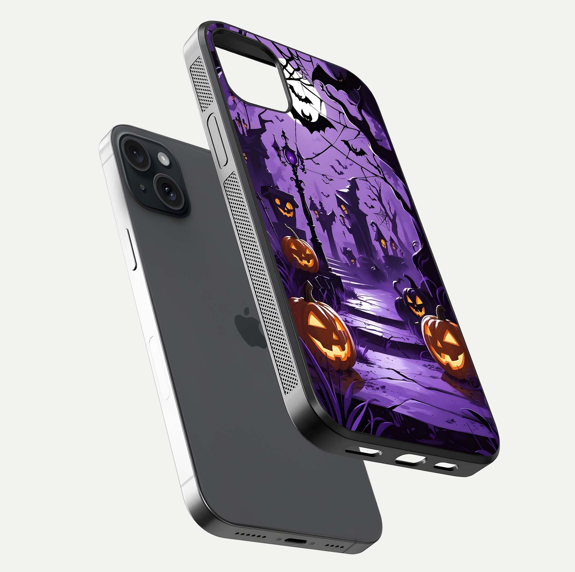 Pumpkin Patch Halloween Glass Case for iPhone 15 Plus floating dual-view mockup displaying gloss and dark tone