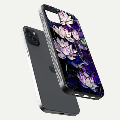 Purple Lotus Pattern Glass Case for iPhone 15 Plus floating dual-view mockup showing glass shine and vivid purple hue