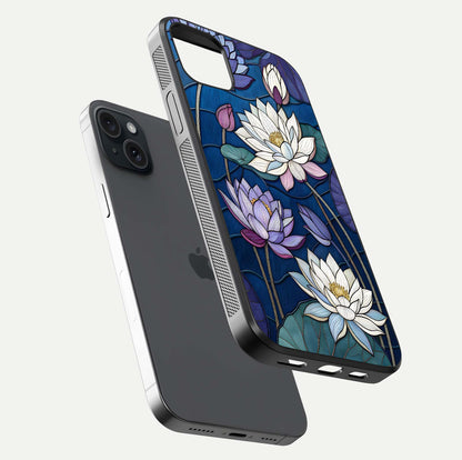 Purple Lotus Stained Glass Case for iPhone 15 Plus floating dual-view mockup displaying color depth and glass clarity
