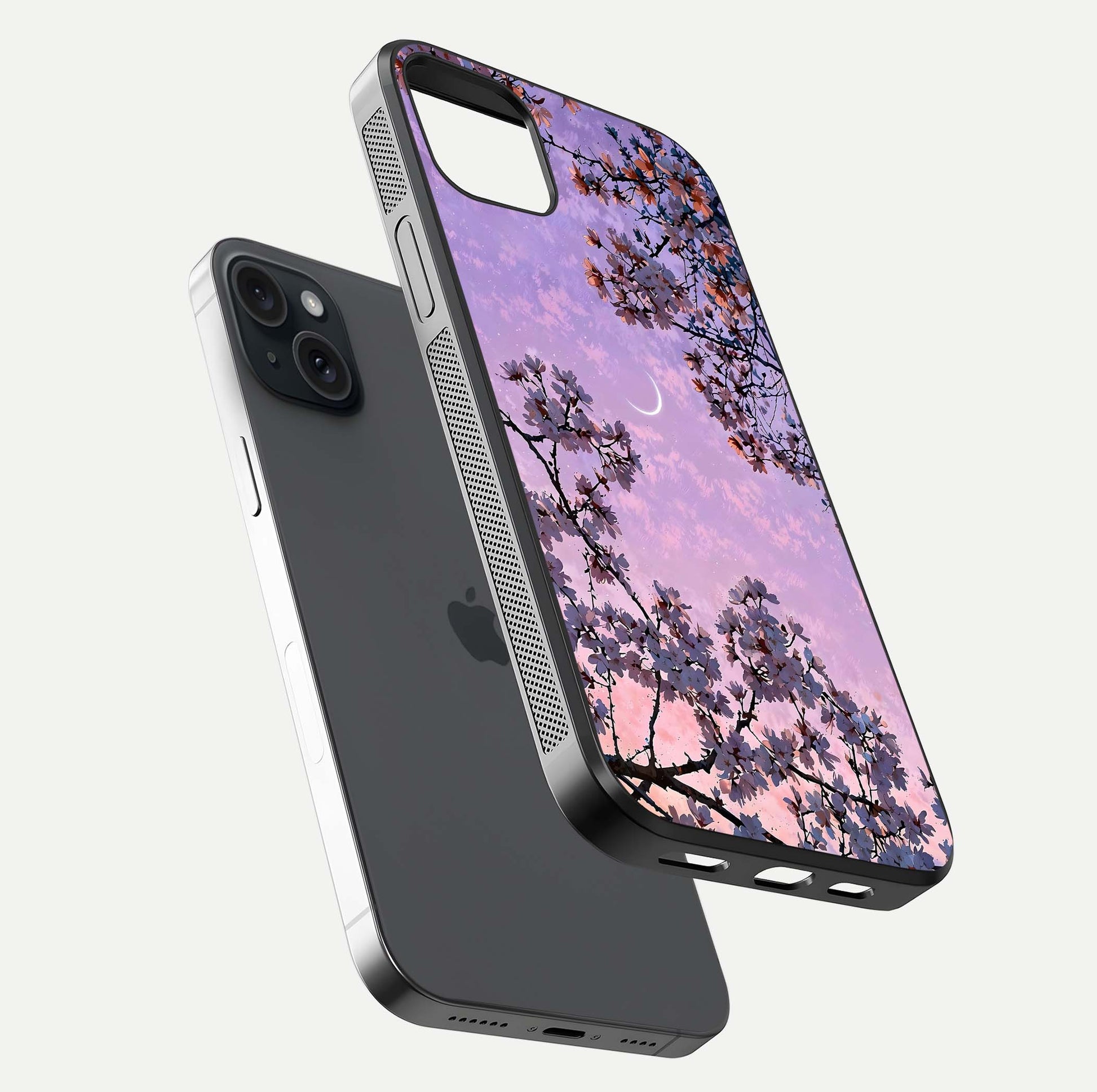 Purple Serenity Moon Glass Case for iPhone 15 Plus floating dual-view mockup showing gloss and cosmic detail
