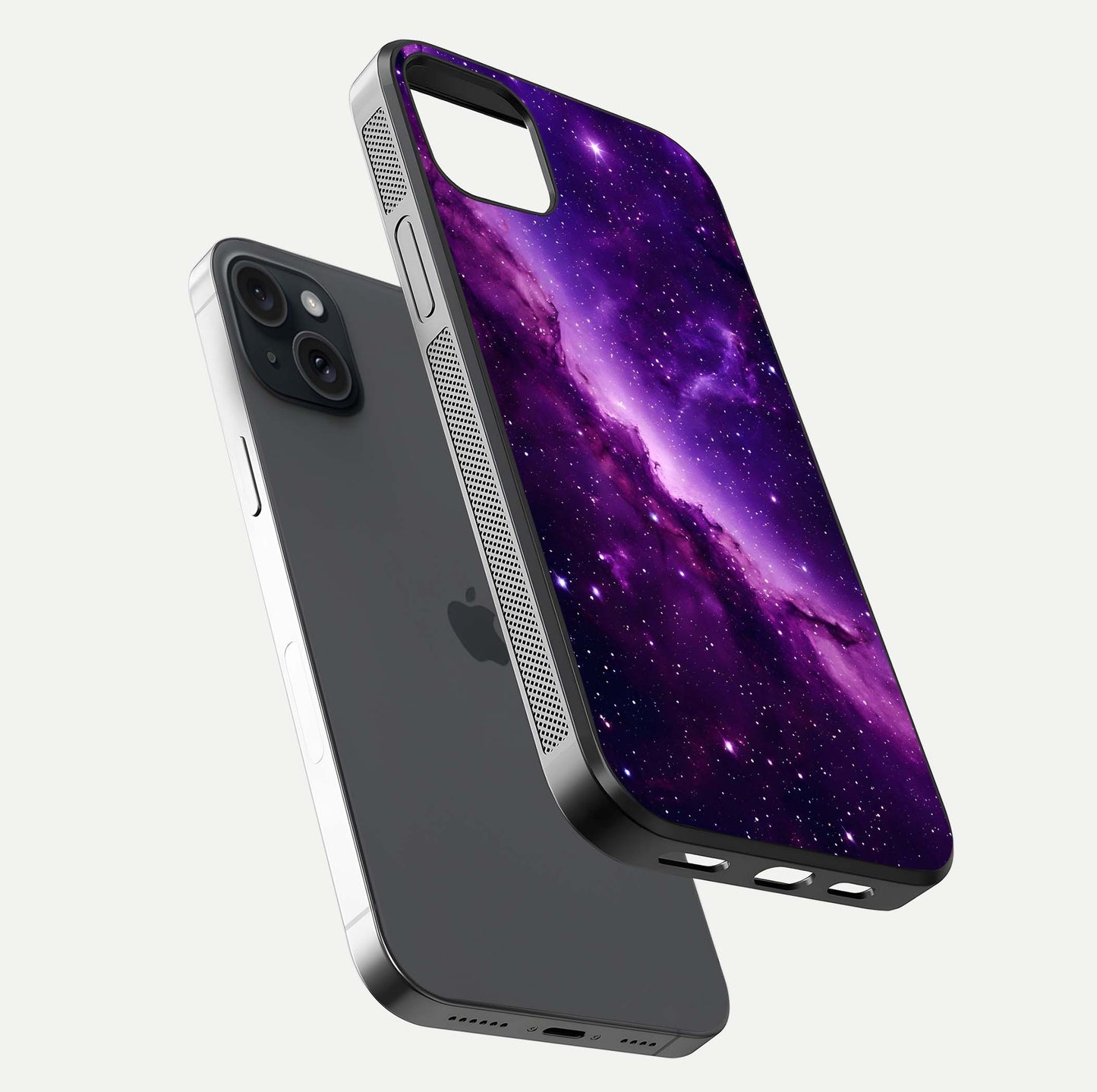 Purple Shade Sky Glass Case for iPhone 15 Plus floating dual-view mockup displaying gloss and sky theme