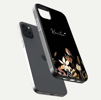 Quiet Garden Tune Custom Name Glass Case for iPhone 15 Plus floating dual-view mockup showing gloss and elegant detail