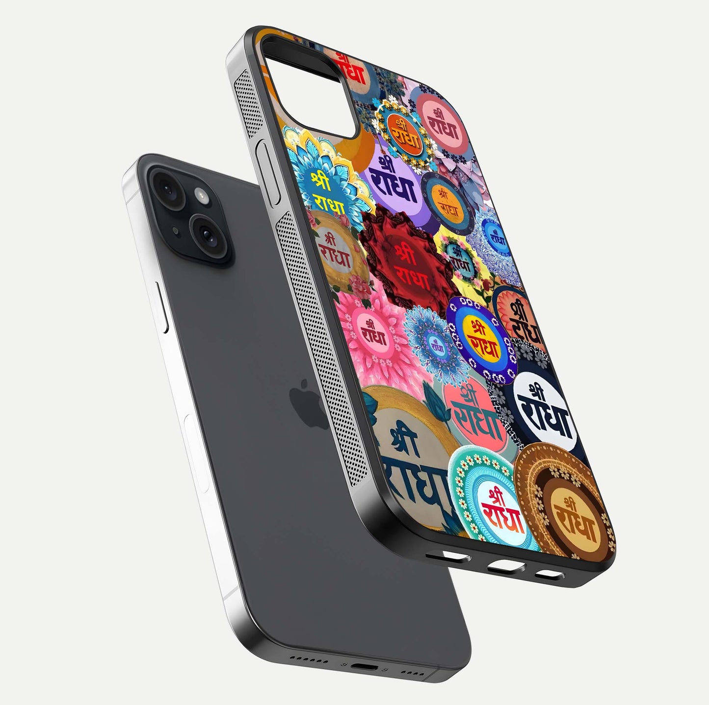 Radha Divine Bloom Glass Case for iPhone 15 Plus floating dual-view mockup showing gloss depth and HD art