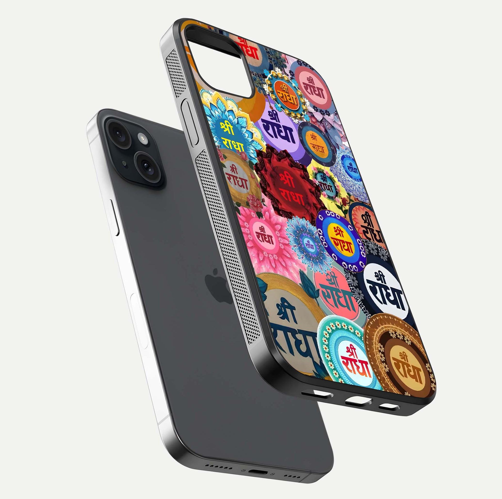 Radha Divine Bloom Glass Case for iPhone 15 Plus floating dual-view mockup showing gloss depth and HD art