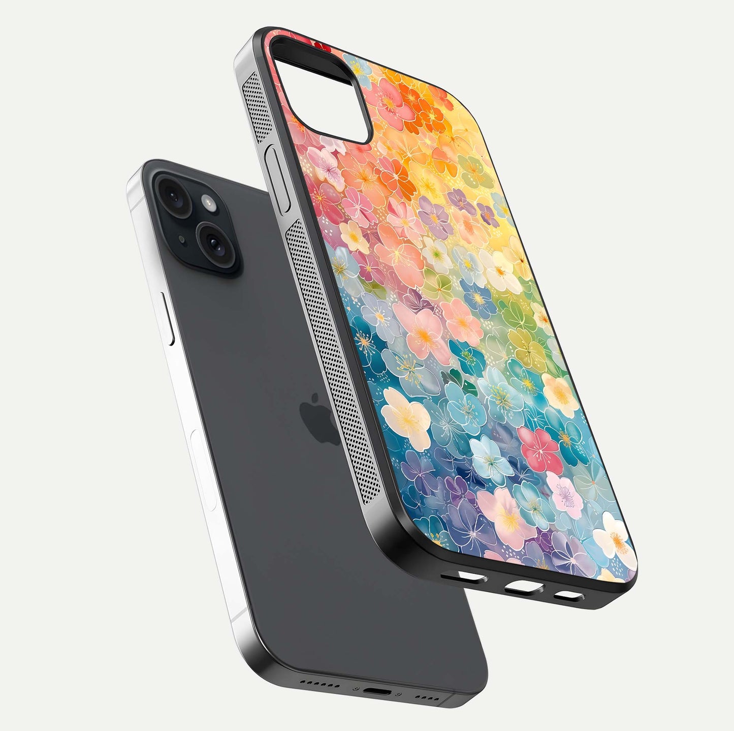 Rainbow Blossom Burst Glass Case for iPhone 15 Plus floating dual-view mockup displaying gloss and gradient pattern