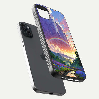 Rainbow Valley Dream Glass Case for iPhone 15 Plus floating dual-view mockup showing gloss texture and dream vibe