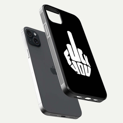 Rebel Mode On Glass Case for iPhone 15 Plus floating dual-view mockup displaying gloss shine and statement art