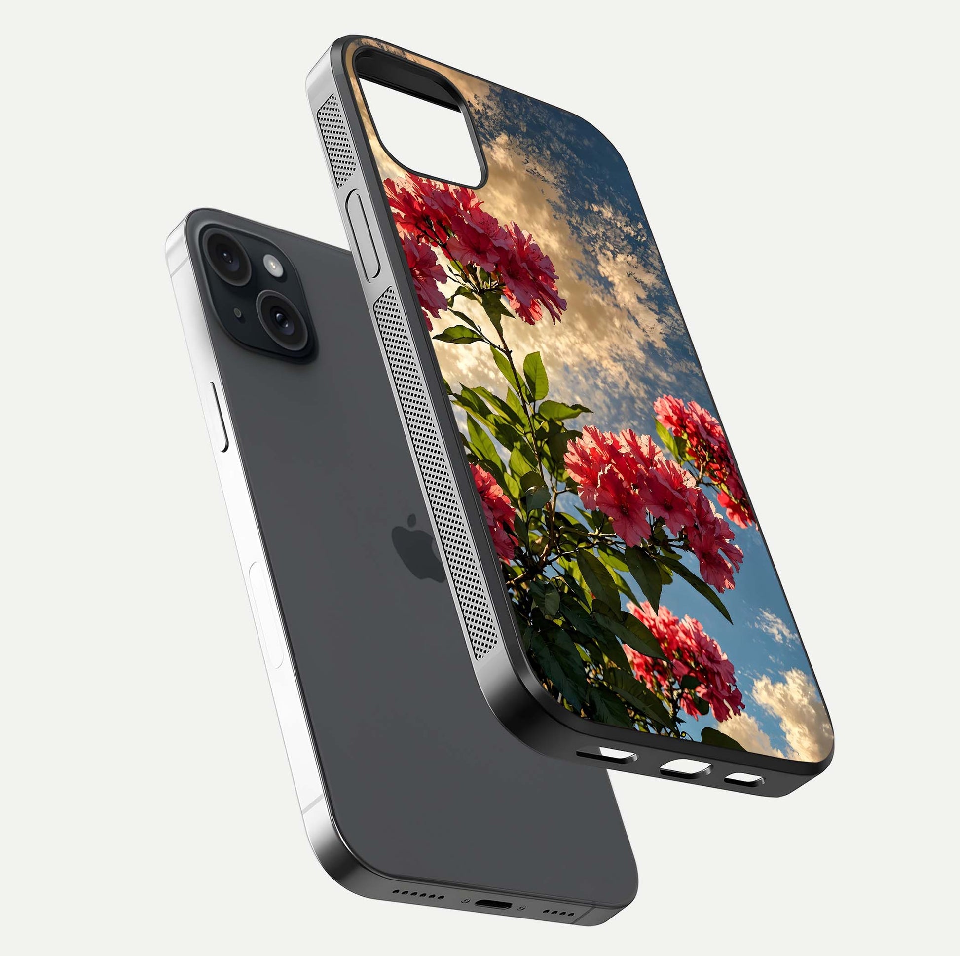 Red Bloom Skies Glass Case for iPhone 15 Plus floating dual-view mockup showing glass gloss and floral pattern