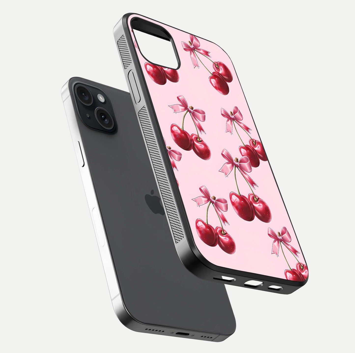 Red Cherries Pattern Glass Case for iPhone 15 Plus floating dual-view mockup showing gloss and color contrast
