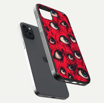 Red Eyes Pattern Glass Case for iPhone 15 Plus floating dual-view mockup displaying reflection and gloss texture