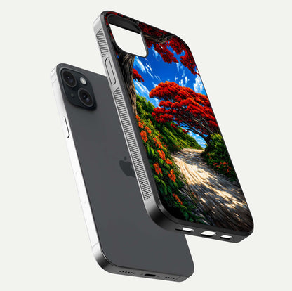 Red Trees Pathway Glass Case for iPhone 15 Plus floating dual-view mockup displaying gloss texture and print depth