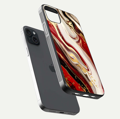 Red & White Marble Glass Case for iPhone 15 Plus floating dual-view mockup displaying glossy texture and pattern depth