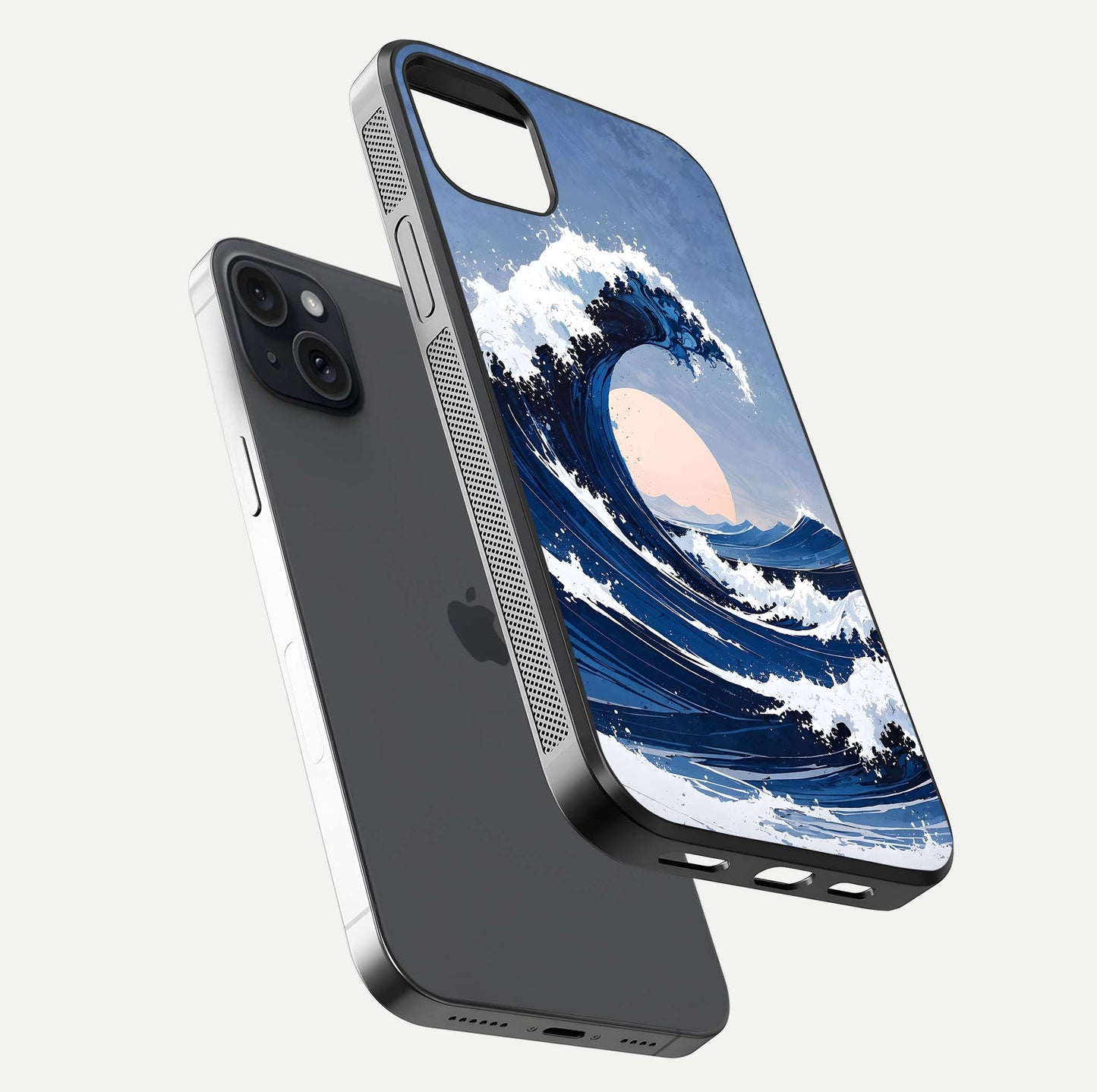 Rising Tide Power Glass Case for iPhone 15 Plus floating dual-view mockup displaying gloss texture and flow pattern